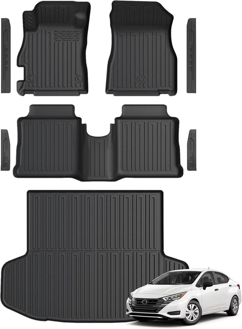 Floor Mats for Nissan Versa 2020-2026, All Weather Floor Mats Trunk Cargo Liner and Door Sill Guards Accessories, Full Coverage Set