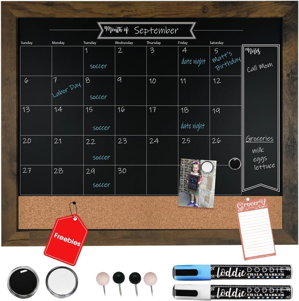 Loddie Doddie Chalkboard Calendar & Bulletin Combo - 18" x 24" Rustic Frame, with Chalk Markers, Push-Pins, Magnets, Blackboard - Kitchen Wall Calendar Organizer