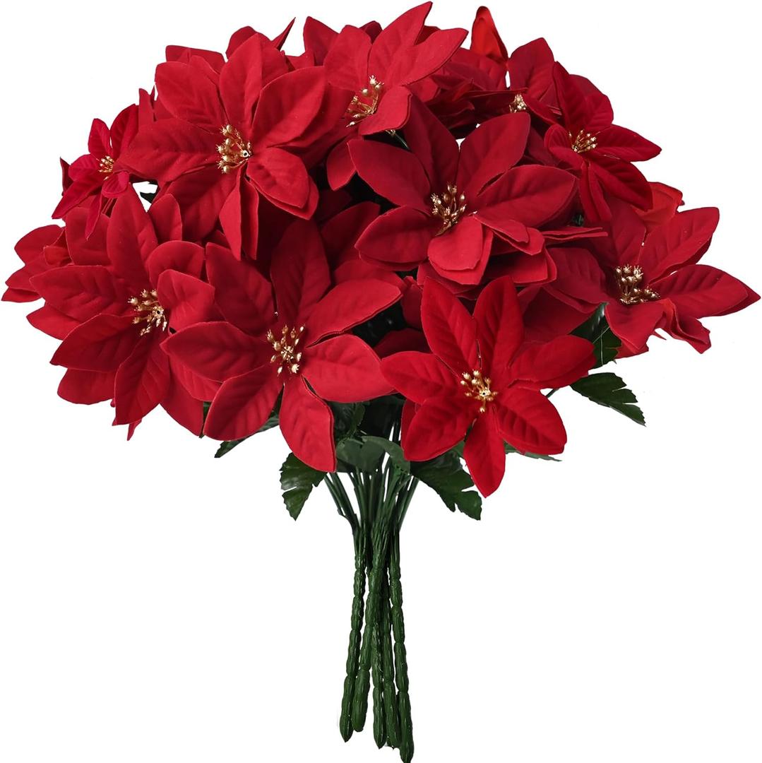 LVLFOR 7 Heads Artificial Poinsettia Bouquet, 5 Pack Artificial Poinsettia Flowers, 15Inch Red Velvet Poinsettia Bush Stems for Porch Home Garden Indoor Outdoor Xmas Decorations