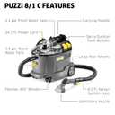 Krcher Puzzi 8/1 C Commercial Carpet Extractor 12.5 PSI - Spot Cleaner, Stain Remover, Area Rugs, Car and Auto Detailing, Carpet and Upholstery Cleaner - Onboard Accessory Storage - 3.9 Gallon Tank