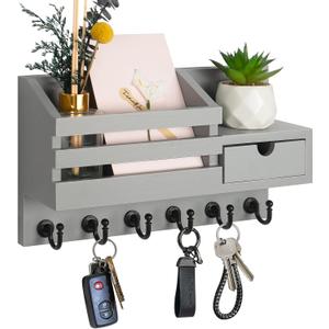 FifthQuarter Key and Mail Holder for Wall, Mail Organizer Wall Mount with 6 Hooks and Storage Drawer, Easy Installation Key Rack for Entryway and Home Decor (A-Grey)