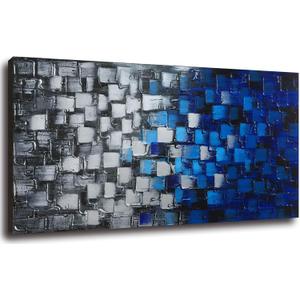 Large Textured Abstract Canvas Wall Art Hand Painted Modern Dark Blue and Silver Squares Oil Painting Picture for Home Decor and Office Decor Framed Ready to Hang 60x30inch