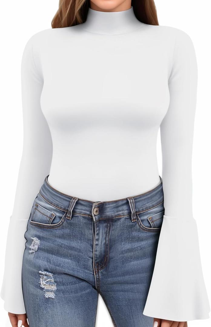 MANGOPOP Long Sleeve Mock Neck Shirts for Women Bell Sleeve Turtle Neck Tops Basic Going Out Tee Blouse L