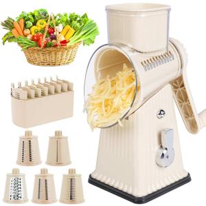 Manual Rotary Cheese Grater, White, 5-in-1 Vegetable Slicer with Suction Base, Stainless Steel Blades, Hand Crank Design for Kitchen