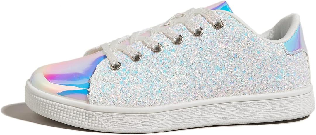 LUCKY STEP Glitter Sneakers Lace up | Fashion Sneakers | Sparkly Shoes for Women (9, White Hologram)