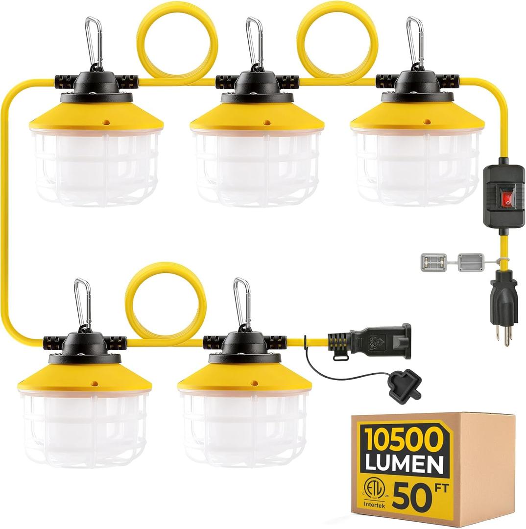 Outdoor Construction LED String Lights with Switch: 3 Prong 50FT 75w 10500lm ETL Certified Super Bright Temporary Lighting Hanging IP65 Waterproof Work Light for Attic Jobsite Garage