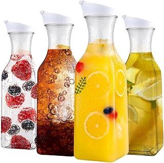 Set of 4 Plastic Carafe with Lid, 50 Oz Carafes for Mimosa Bar, Square Base Juice Containers, Water Bottle, Milk Container, Clear Beverage Containers for Fridge- HAND WASH ONLY