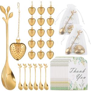 50 Sets Bridal Shower Tea Party Favor for Heart Shape Infuser Ball for Loose Guest Leaf Tea Spoon with Thank You Card Organza Bag Wedding Favors Tea Party Decorations Elegant Party Favors(Gold)