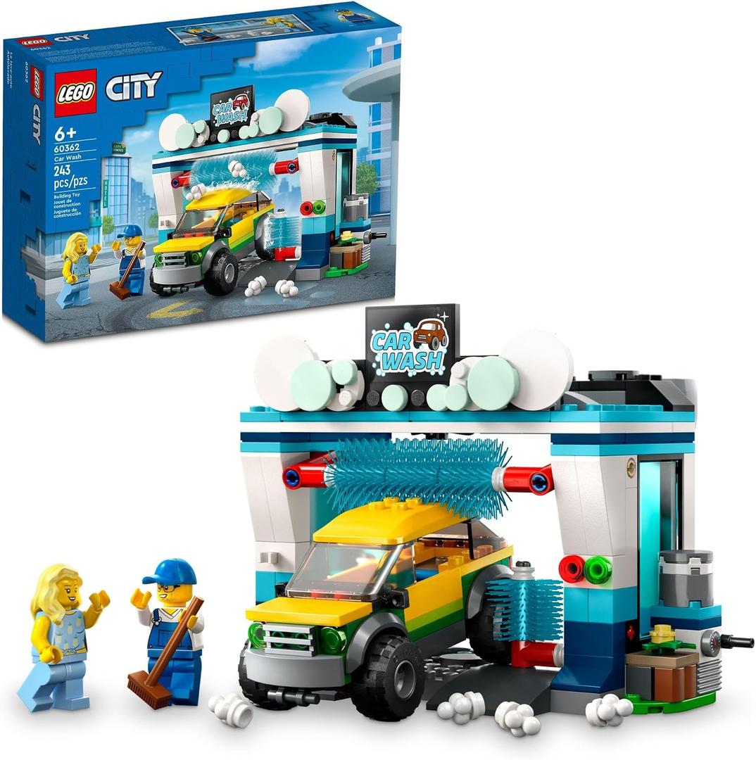 LEGO City Car Wash 60362 Building Toy Set, Fun Gift Idea for Kids Ages 6+, Features Spinnable Washer Brushes and Includes an Automobile and 2 Minifigures, Medium, Small
