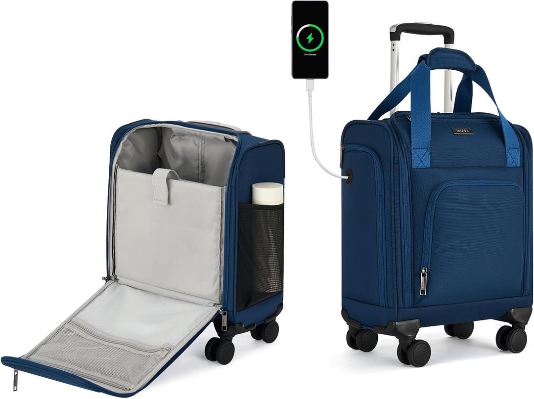 MILADA Underseat Carry On Luggage with Wheels, Airline Approved 16-inch Spinner Small Suitcase, Softside Travel Luggage, Personal Item Overnight Bag, Business Mini Suitcase for Women and Men, Blue