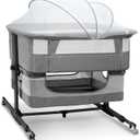 Baby Bassinet, 3 in 1 Bedside Sleeper with Mattress and Mesh Sides, Mosquito Net, Storage Basket, with Rocking Function, 5-Height Adjustable, Easy Assemble Crib for Newborn, Gray