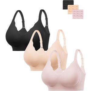 HBselect Jelly Bras for Women No Underwire 3PCS Comfort Wireless Push Up Bras Seamless Scalloped Lift Everyday Bralettes, Large