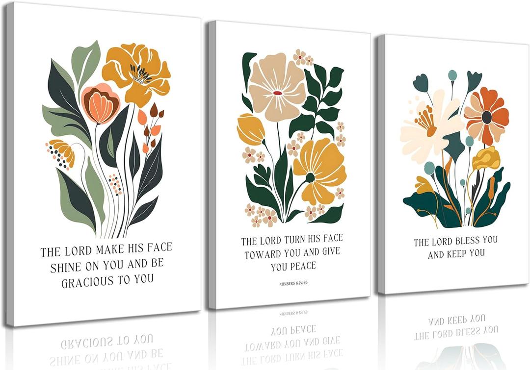 3pcs Framed Bible Blessing Canvas Wall Art Christian Wall Decor Pictures Botanical Flowers Posters Prints The Lord Bless Youand And Giveyou Peace Paintings for Living Room Bedroom Church Decoration