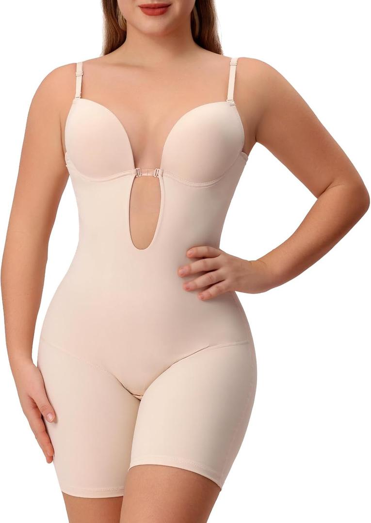 Slimers Backless Shapewear Strapless Bodysuit - Low Back Women Body Shaper : Slimming Built In Bra With Plunge (Small, Beige)