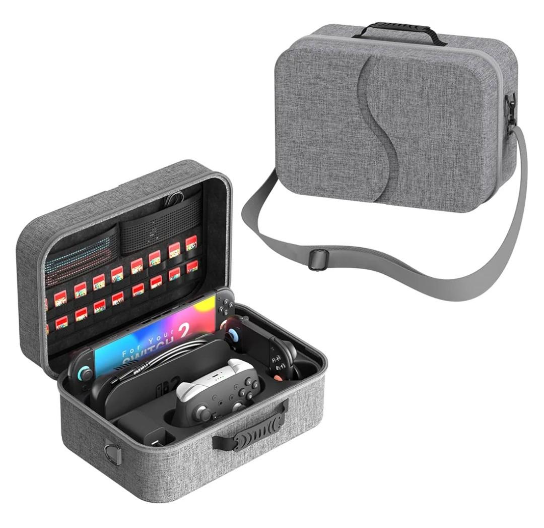 Compact All in One Carrying Case for Nintendo Switch 2 2025, Hard Shell Organizer Box for Switch 2 Accessory Compatible with Pro Controller Dock, with 18 Game Card Slots, Hard Shell Travel Bag, Grey