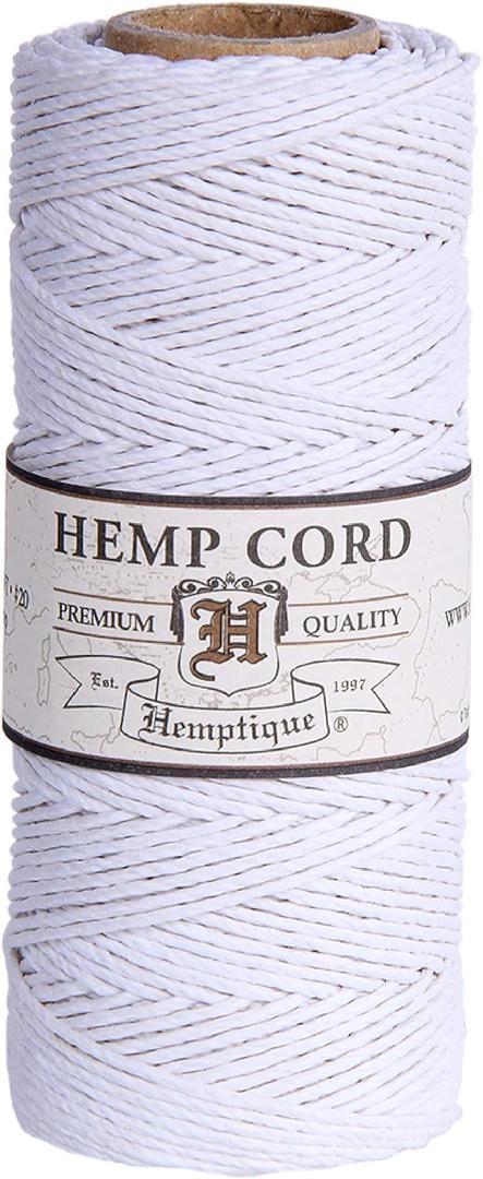 Hemptique 100% Hemp Cord Spool - 62.5 Meter Hemp String - Made with Love - No. 20 ~ 1mm Cord Thread for Jewelry Making, Macrame, Scrapbooking, DIY, & More - White