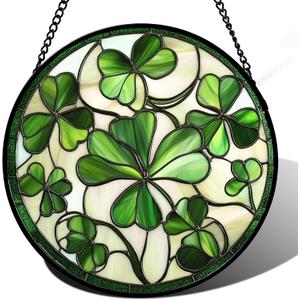 CRISGIF Stained Glass Window Hanging  Ireland Green Lucky Clover Suncatcher for Doors Garden St. Patrick's Day Sun Catchers Decor Mother's Day Birthday for Women Men Mom Nana 7.8 in