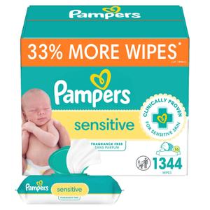 Pampers Baby Wipes, Sensitive, Water Based Wipe, Clinically Proven, Hypoallergenic, and Unscented for Babies, 1344 Wipes Total (16 Flip-Top Packs) (84 Count (Pack of 16))