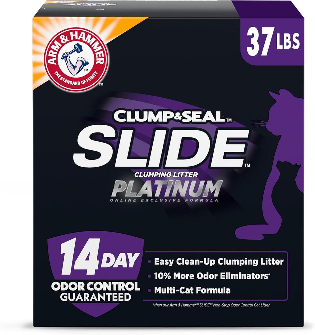 ARM & HAMMER Clump & Seal SLIDE Platinum Multi-Cat Clumping Cat Litter, 14-Day Odor Control, EZ Clean Technology, 37 lbs No Scrubbing, Powerful Odor Eliminator