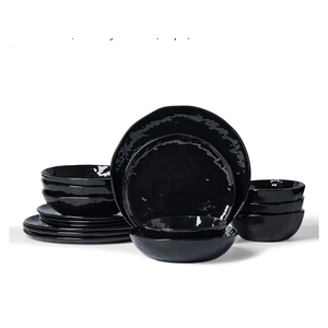 Famiware Porcelain kitchen plates and bowls set, Modern dishes set for 4, Handmade Wave Edge Dinnerware Sets, Microwave and Dishwasher Safe Tableware, Glossy-black, (16pc)