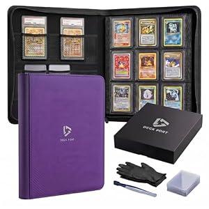 Deck Fort Toploader Binder 9 Pocket Holds 360 Toploaders - Collector Kit Gloves, Tweezers & Gift Box - Holder for 3x4 Top Loaders - Mesh Pocket Storage Album for TCG & Sports Cards - Purple