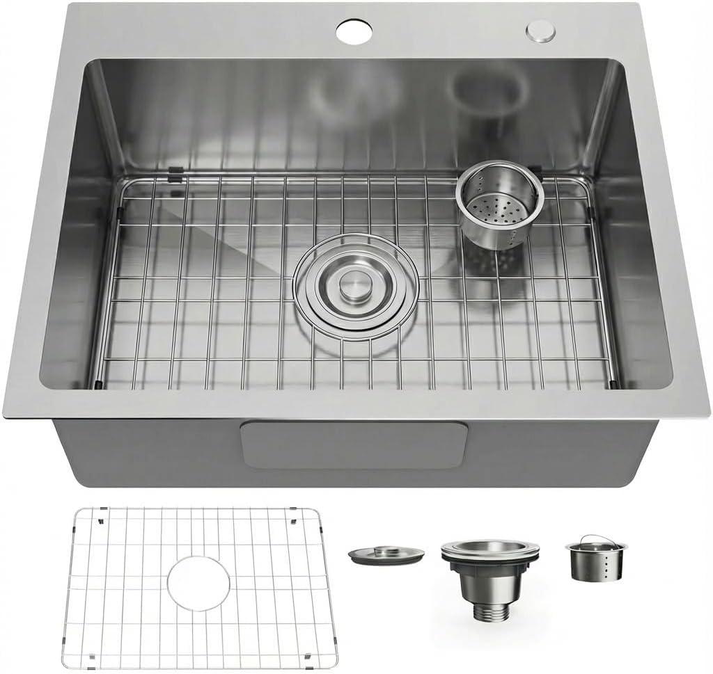 22" x 18" Drop in Kitchen Sink 304 Stainless Steel Single Bowl Topmount Kitchen Sink with Drain Kit and Bottom Grid, Brushed