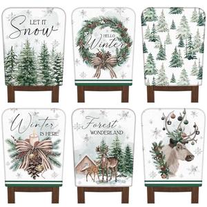 FuWeave 6 Pcs Winter Wonderland Chair Covers Hello Winter Chair Back Covers Frost Pine Tree Deer Chair Protector Slipcovers Washable Dining Room Seat Covers Winter Decor for Home Hotel Kitchen Indoor