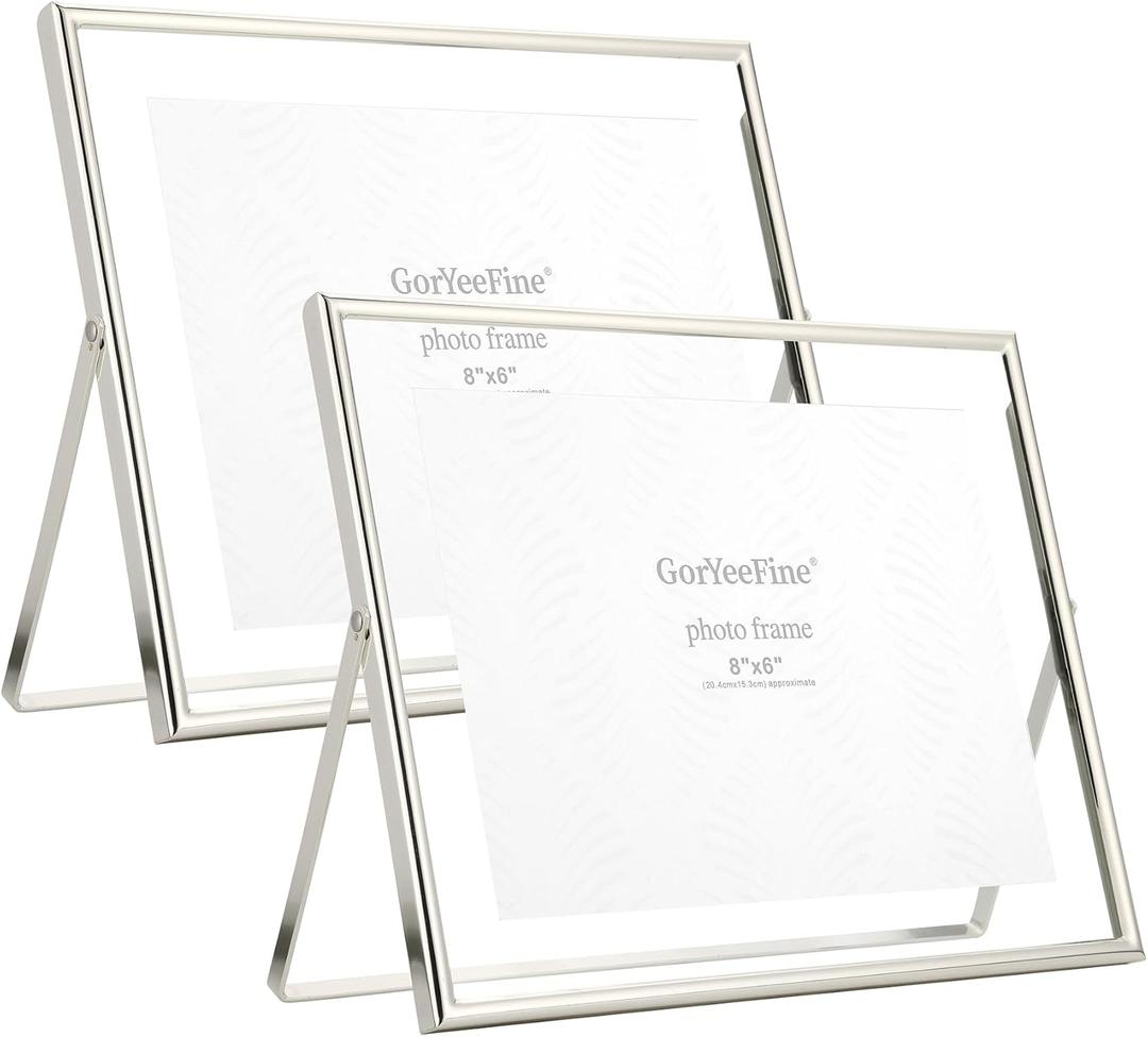 Silver 10x8" Floating Picture Frame(Horizontal) Set of 2 for picture (6x4'',7x5'',8x6'',9x7''),Adjustable Tabletop/Shelf Photo Frame,Classy Gift Choice for Wedding,Christmas,Birthady,Home or Office Decor.