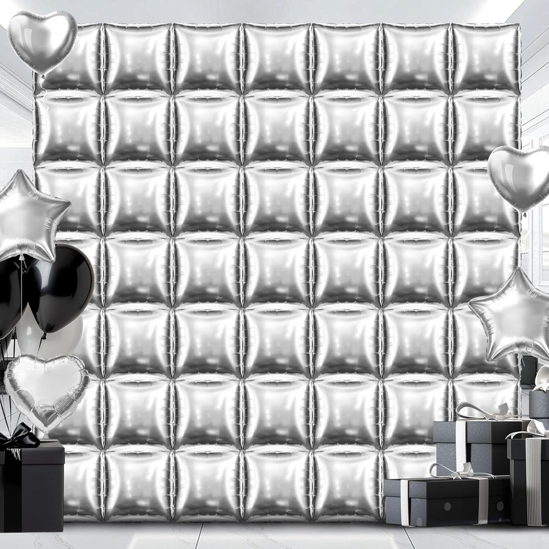 50PCS Metallic Silver Double Sided Square Foil Balloons, 19'' Reusable DIY Mylar Balloon Tunnel Arch Kit for Birthday Engagement Bridal Baby Shower Graduation Bachelorette Party Background Decor