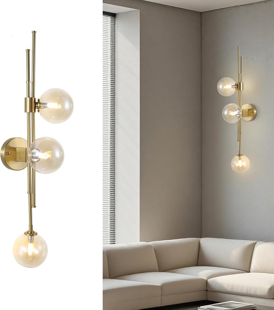 3-Light Glass Wall Sconces Mid Century Modern Globe Wall Light Fixtures Bathroom Vanity Lights with Glass Shade, Indoor Wall Light for Bedroom Living Room Hallway (Amber)