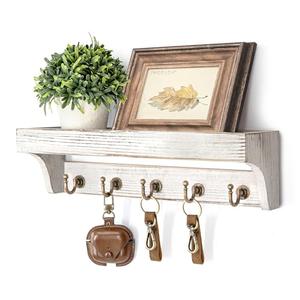 Rebee Vision Pine Wood Key Holder Wall Mount with Shelf for Farmhouse Decor - Rustic Wall Mail Organizer Wall Mounted for Living Room Decor - Perfect Mail Organizer for Home Improvement (Whitewash)