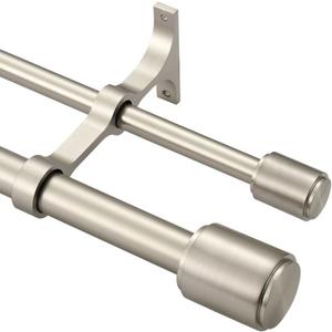 Brushed Nickel Double Curtain Rods 144-164", Double Curtain Rods with Cap Finials, 1 Inch Front and 5/8 Inch Back Double Drapery Rod, Adjustable Dual Curtain Rod Brushed Nickel Double Window Rods