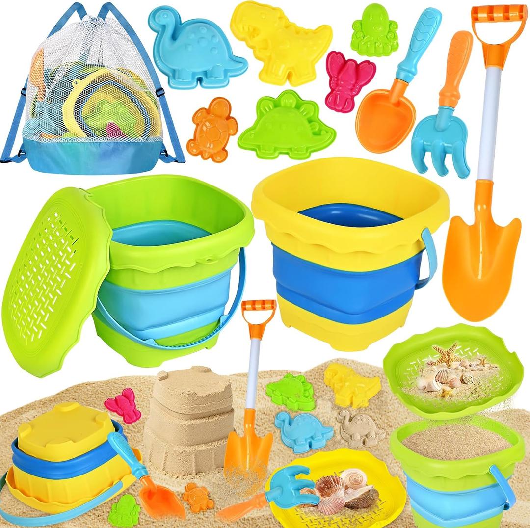 SpringFlower Beach Sand Toys for Kids, Sand Toys with 2 Collapsible Beach Bucket with Sifter Shovels Set with Mesh Bag and 6 Sand Molds, Foldable Beach Travel Beach Sandbox Toys, 11 PCS