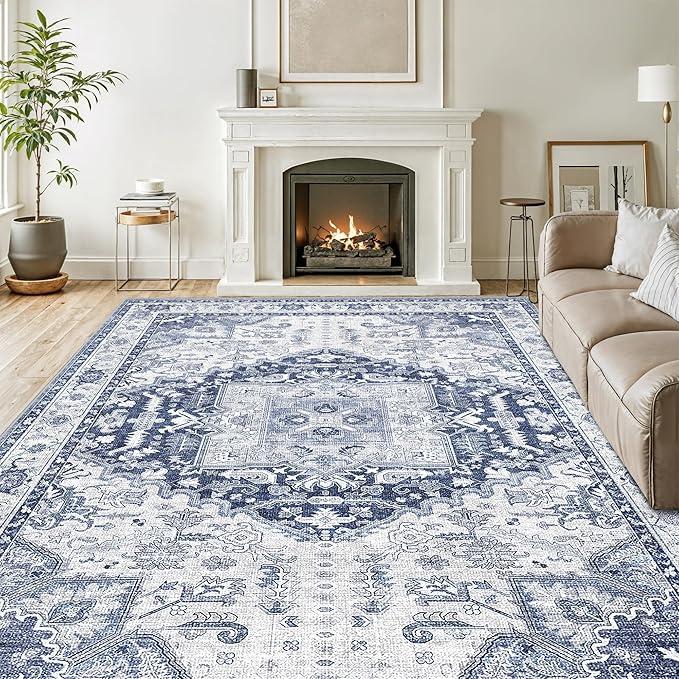 6x9 Area Rugs for Living Room, Machine Washable Non Slip Vintage Rug, Non-Slip Stain Resistant, Large Soft Home Decor Rug for Bedroom Dining Room (Navy/Blue,8'x10')