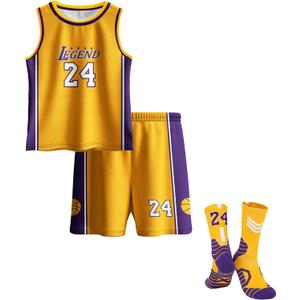 Kids Basketball Jerseys #24 Mesh Sleeveless Tank Top Shorts Socks for Boys Girls 3PC Athletic Training Uniforms (9-10 Years)