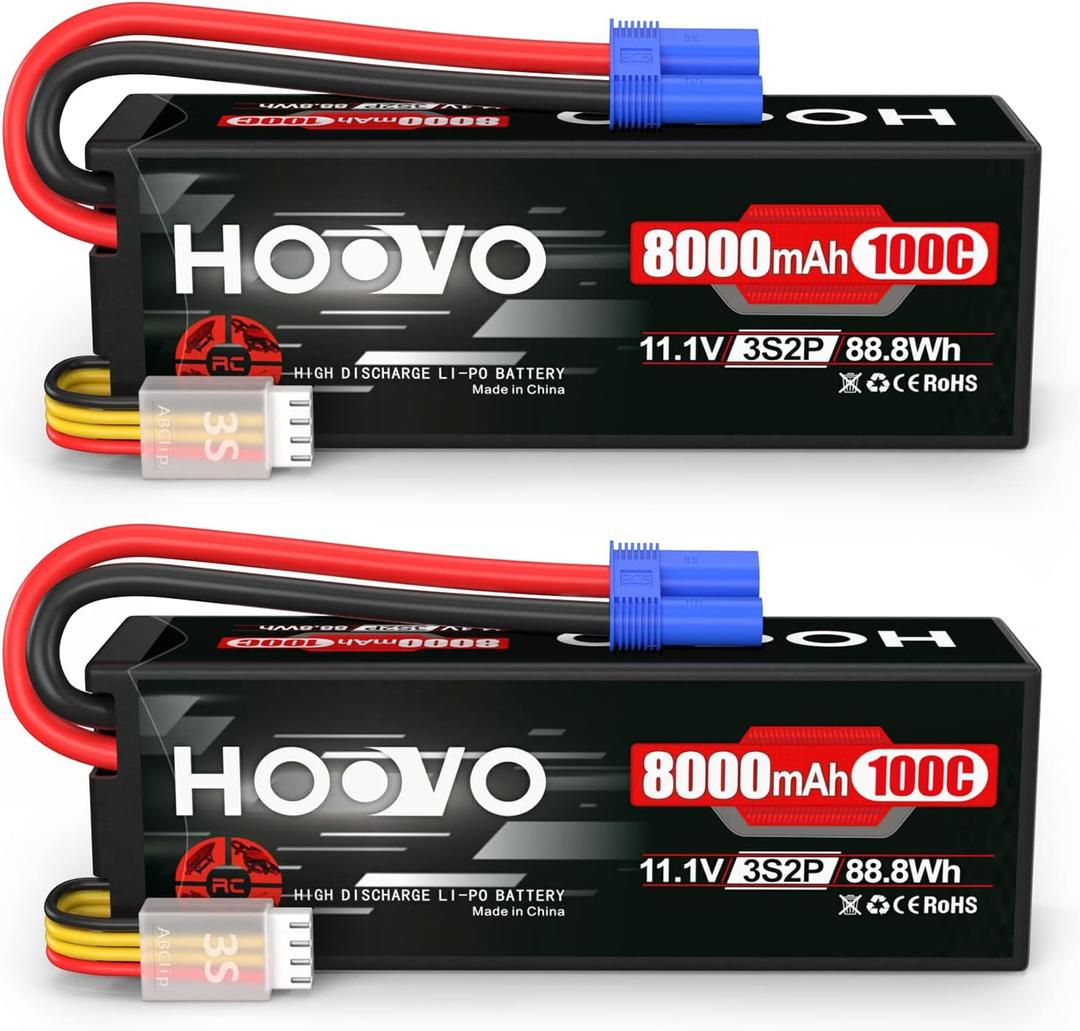 HOOVO 3S 11.1V Lipo Battery 8000mAh 100C RC Battery Hard Case with EC5 Connector for RC 1/8 1/10 Scale Vehicles Car RC Truggy Truck Airplane Helicopter Boat(2 Pack)