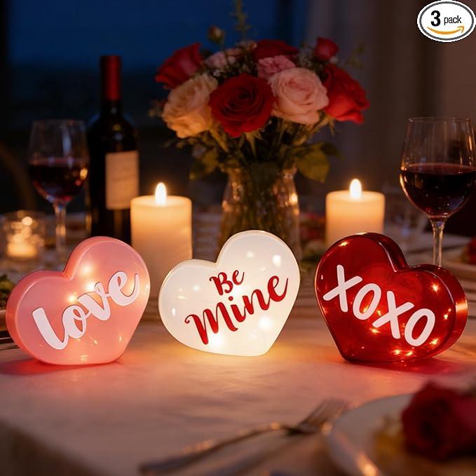 3PCS Valentine's Day LED Lights, Heart Shaped Sign Night Lights, Battery Operated Valentines Decor for Valentine's Day, Home Decor, Wedding, Birthday Party Decor