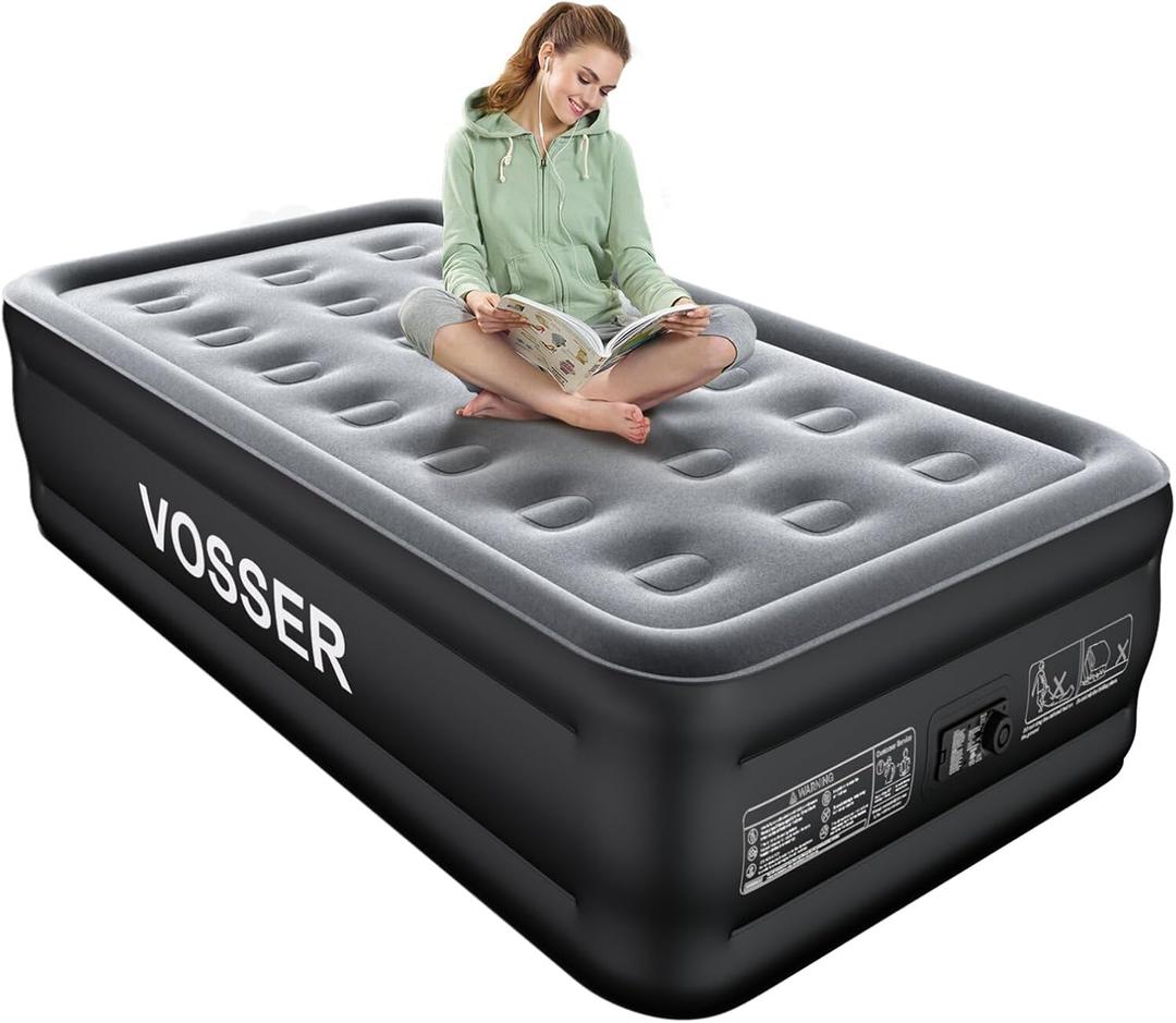 VOSSER Air Mattress Twin with Built in Pump,18 Raised Blow Up Mattress,Inflatable Mattress in 2 Mins,Single Twin Size Air Mattress for Home,Floor&Camping, Air Bed for Adults,330LB Max,Black