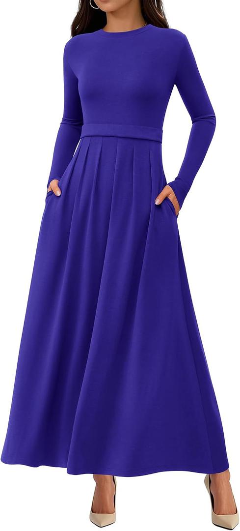 BTFBM Long Sleeve Dress for Women Spring Clothes 2026 Pockets Business Casual Pleated Fall Wedding Guest Dresses (Blue, XL)