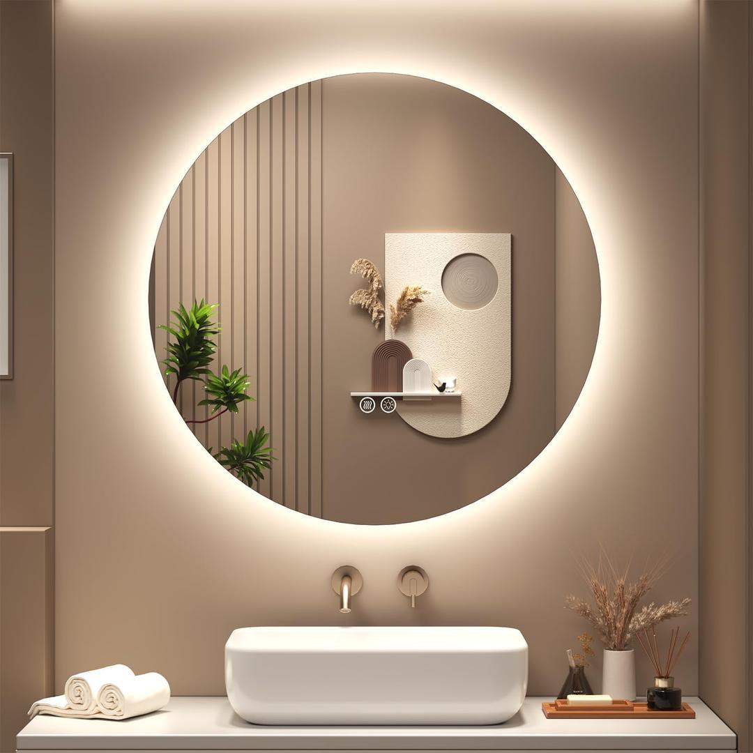SMIROR Round Led Lighted Bathroom Mirror for Wall 24", Backlit Circle Vanity Mirror with Lights, Anti-Fog, 3 Colors, Dimmable, Memory, Shatterproof