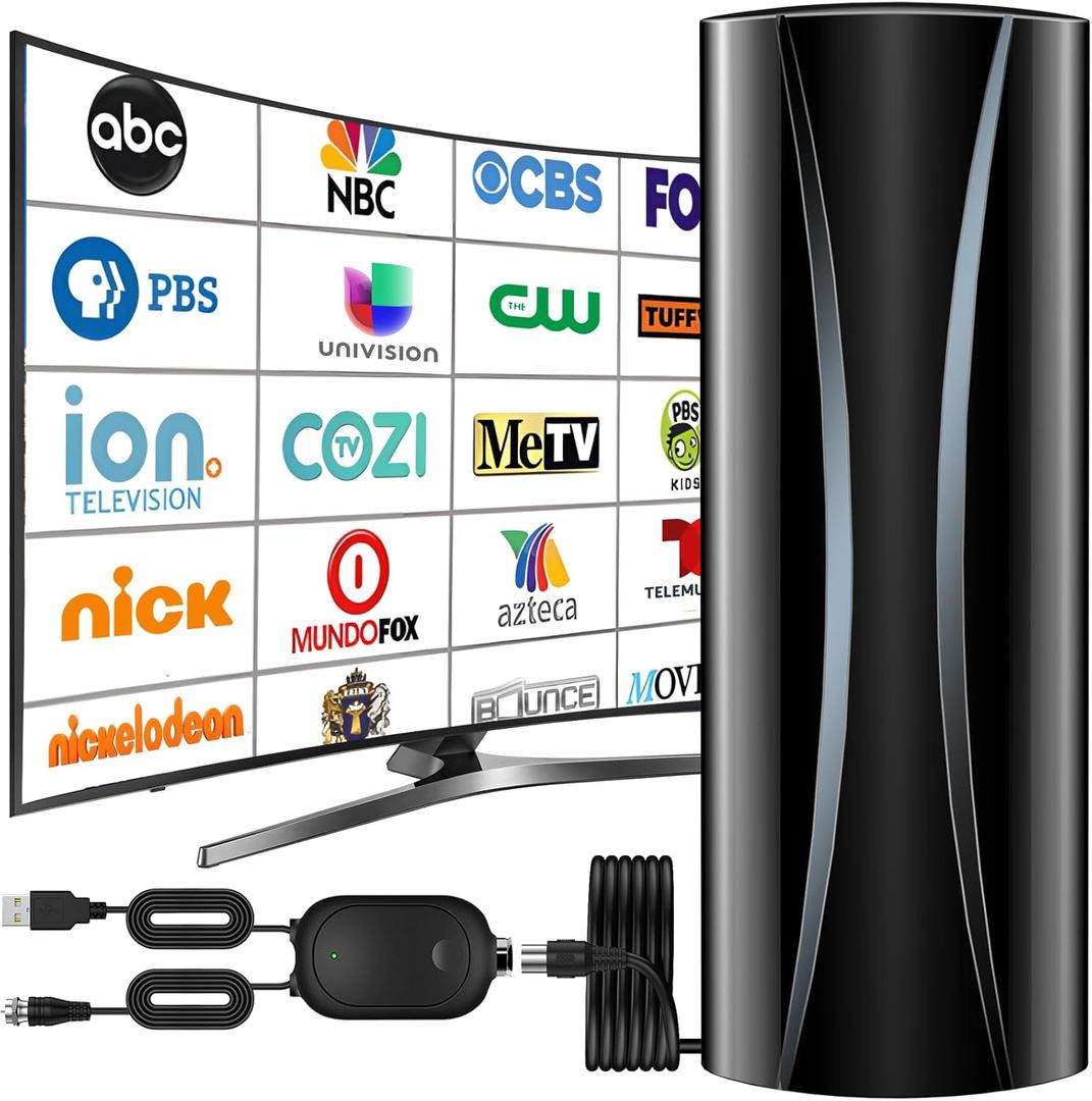 3600+ Miles TV Antenna Indoor, 360 Reception Digital Antenna for Smart TV and Old TVs, HD Antenna for Local Channels with Amplifier Signal Booster Support 4K 8K 1080p-38ft Thick Coaxial Cable (Black)