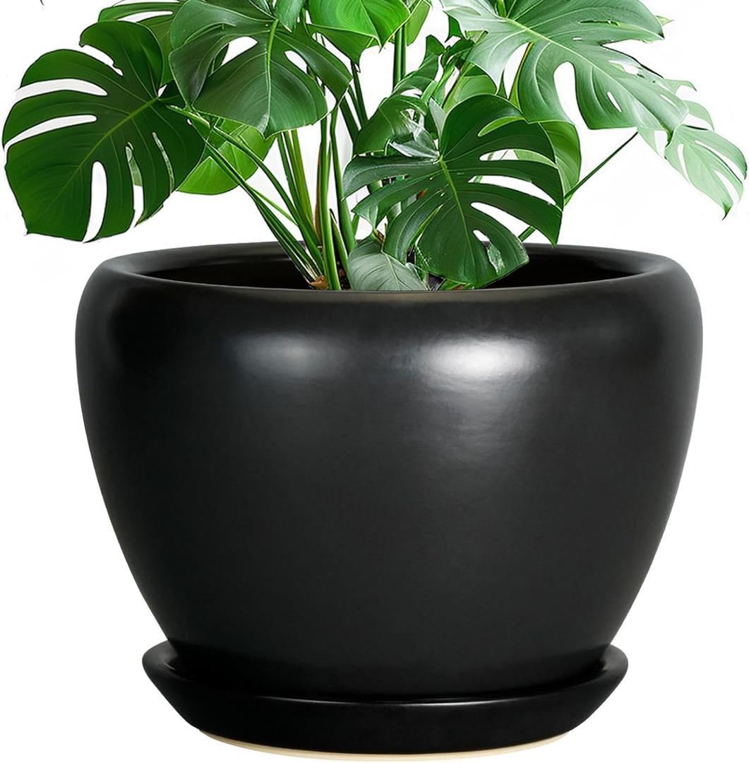 Ceramic Pot for Plants - 10 Inch Plant Pot Indoor with Drainage Hole and Saucer Large Planter Decorative Planter Modern Outdoor Flower Pot for House Balcony Black (Matte Black)