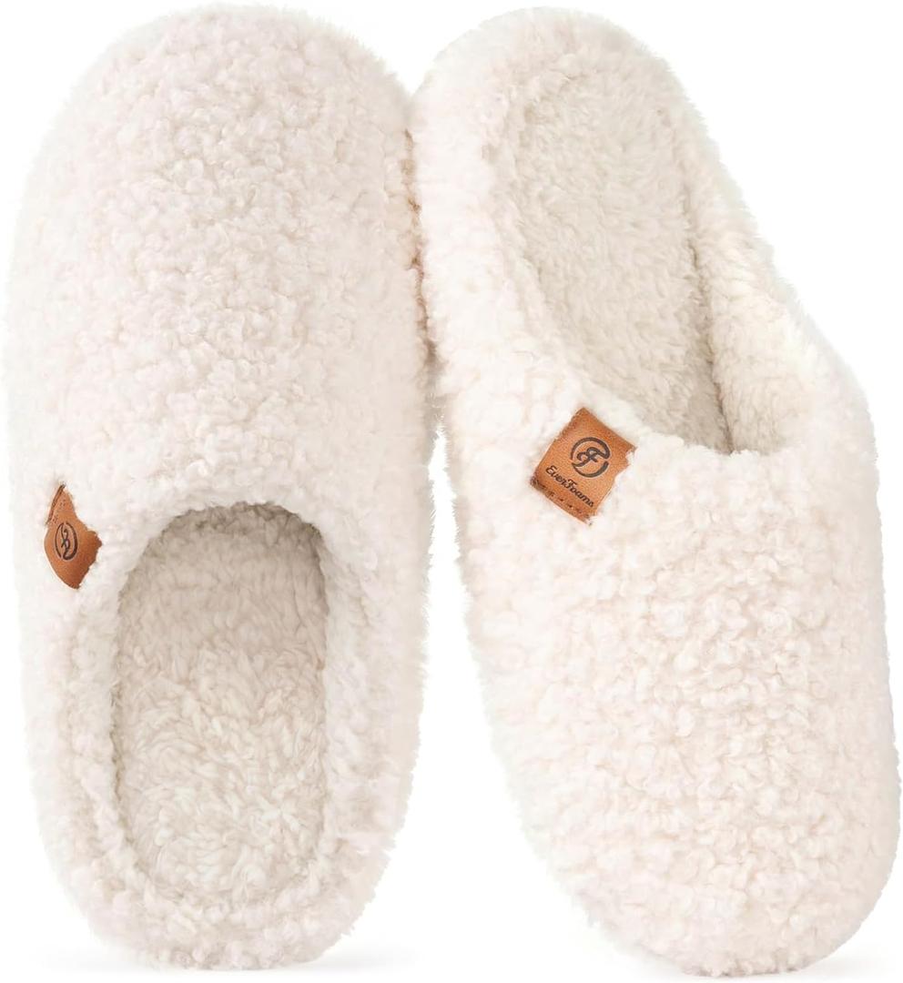 EverFoams Women's Fuzzy Slip-on Slippers Soft Comfy Memory Foam Indoor House Shoes (7-8, Beige)