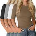 Neer 4 Pack Women's Half Sleeve Tops Elbow Length Slim Fit Crewneck T-Shirts 1/2 Sleeve Casual Summer Basic Tees (Khaki, White, Light Gray, Black, Large)