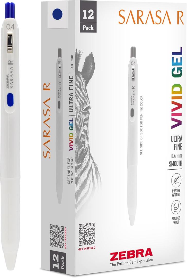 Zebra Pen, SARASA R Gel Pens, Blue Ink, 0.4mm Fine Point, Vivid Ink to Create Deep, Saturated Color and Smooth Gel Lines, Quick-Drying for Smear-Free Writing, Made in Japan, 12-Pack (47720)