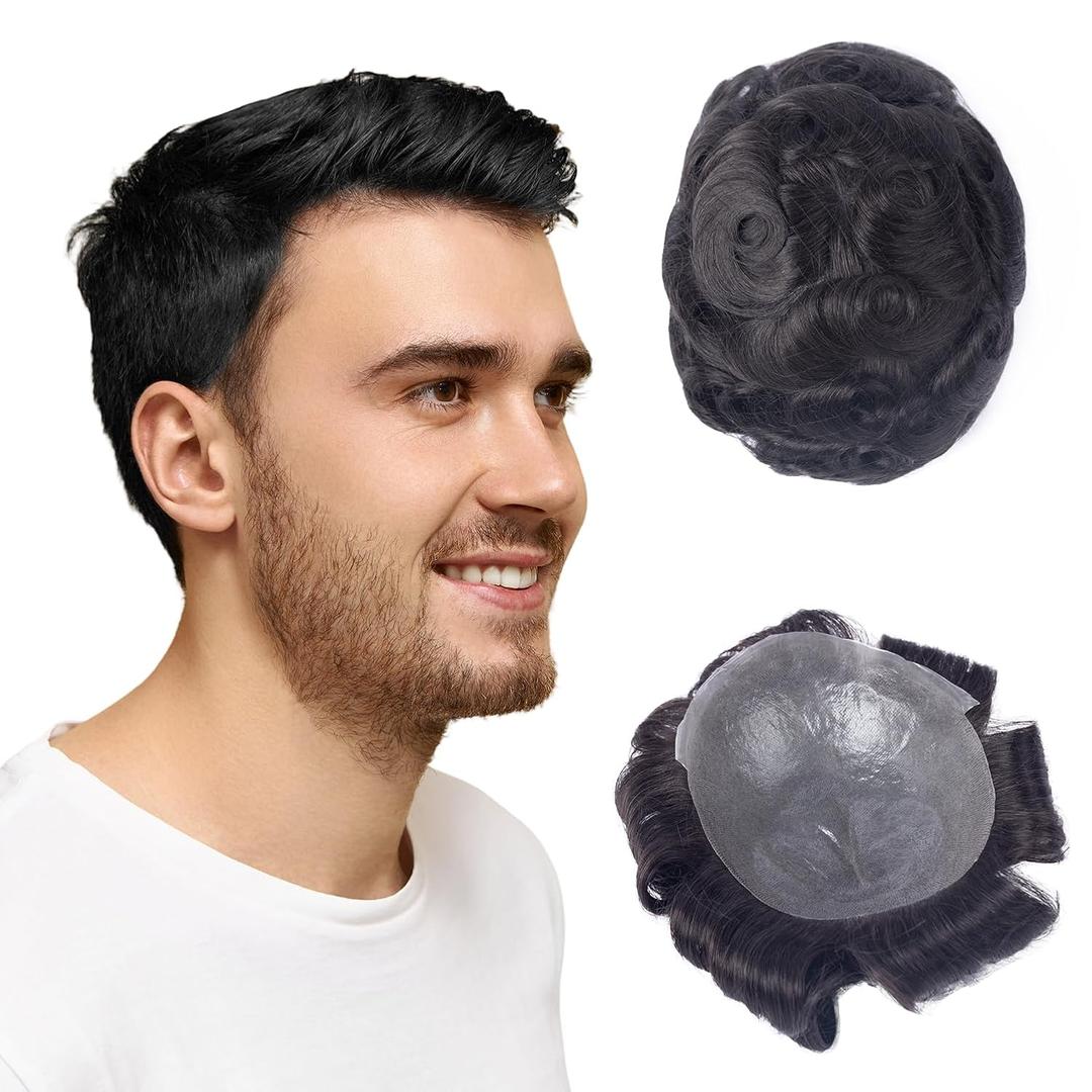 CARA Human Hair Toupee for Men, 8 x 10 inches, Ultra Thin Skin 0.04mm, Vloop, Medium Light Density, Color 1b (8X10 Simple bag packaging)