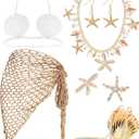 7 Pcs Halloween Mermaid Cosplay Costume Accessories Women Mermaid Outfit Crochet Skirt, Shell Bra Necklace Earring