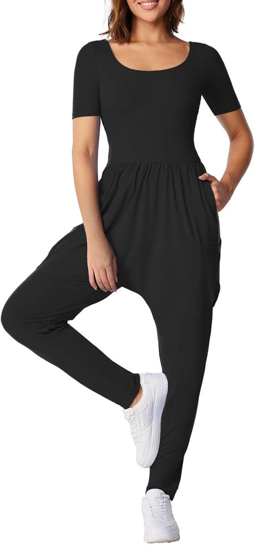 Casei Womens Summer Casual Jumpsuits Harem Pants One Piece Short Sleeve Square Neck Strap Baggy Romper With Pockets M