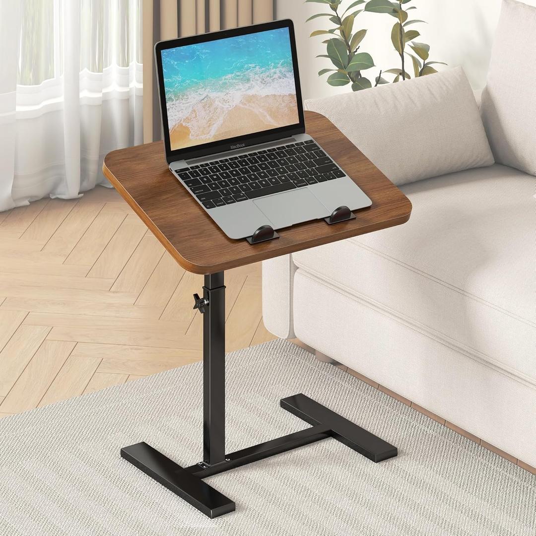 Adjustable Height C Shaped Side Table with Hidden Wheels, Top Flip Laptop/TV Stand Table for Sofa and Bed, Mobile C Shaped Couch End Tables That Slide Under(Walnut+Black)