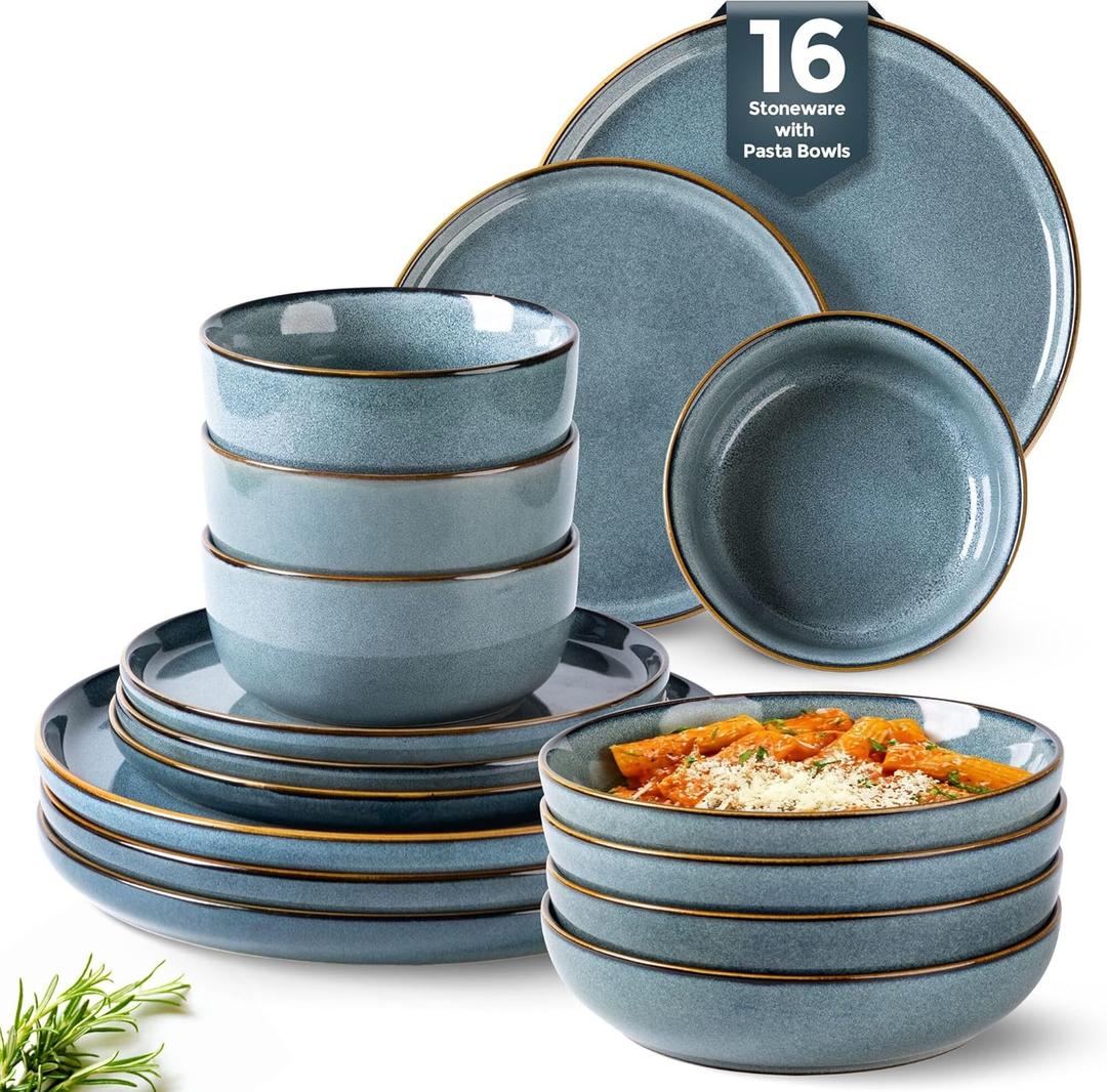 GBHOME 16 Pieces Double Bowls Ceramic Dinnerware Sets for 4, Stoneware Plates and Bowls Set with Reactive Glaze, Scratch Resistant Stoneware Dishes Set, Dishwasher & Microwave Safe (Space Blue)